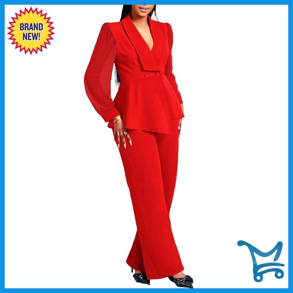 Women's Pant Suit Set Sheer Mesh Sleeve Blazer Wide Leg Pants Business Casual
